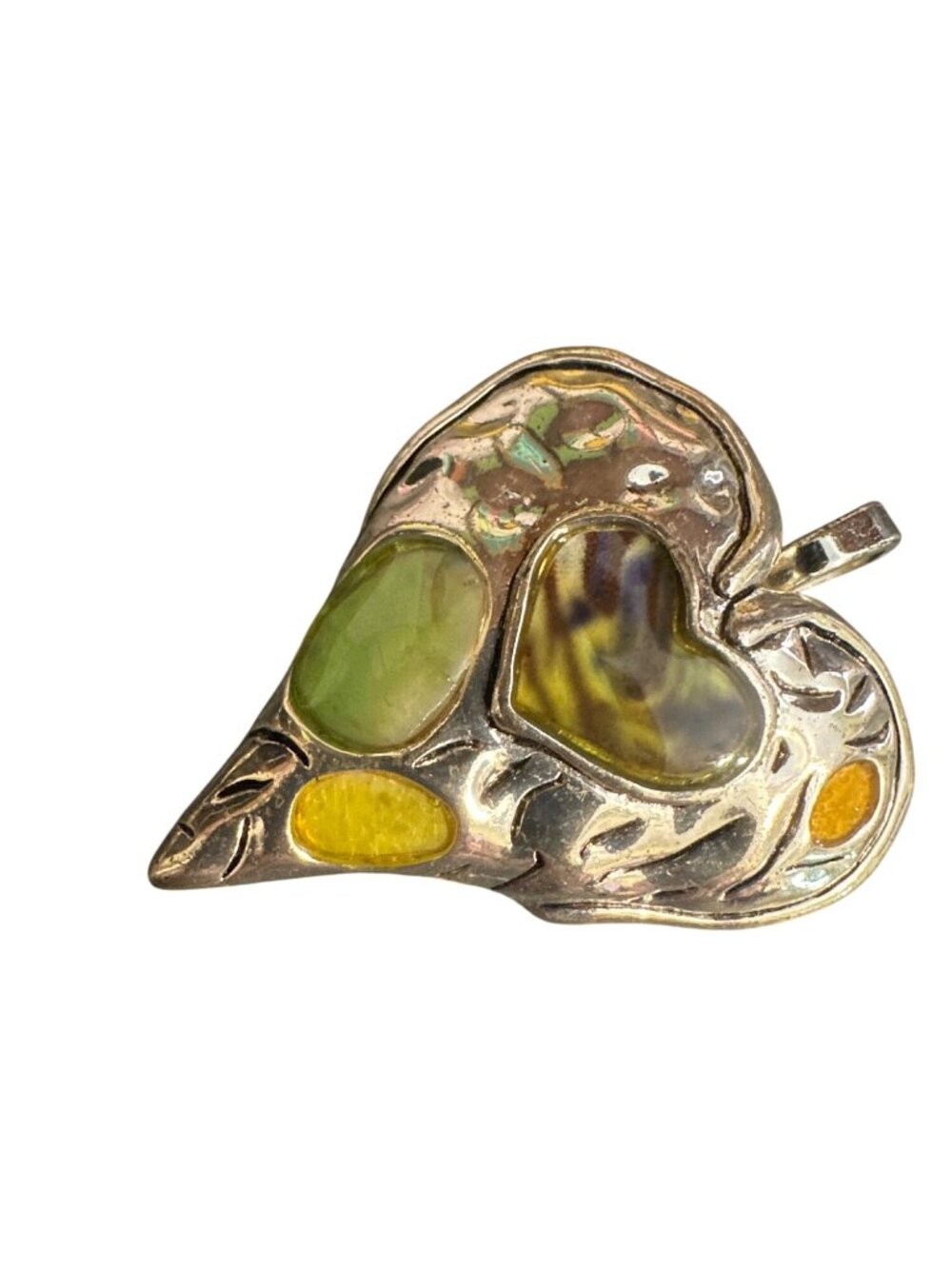 Handcrafted Silver-Tone Heart Pendant With Green & Yellow Glass Inlay Intricate - Picture 2 of 4
